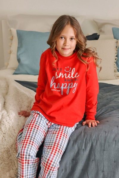 Dziecięca czerwona piżama ze spodniami w kratkę