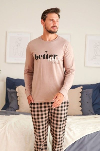 Beżowa męska piżama ze spodniami w kratę