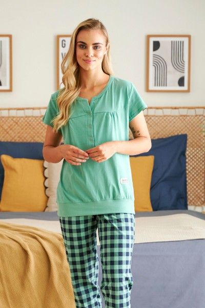 Piżama damska ze spodniami w kratkę w kolorze Wasabi