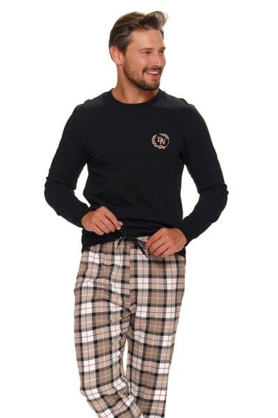Czarna męska piżama ze spodniami z tkaniny w kratę
