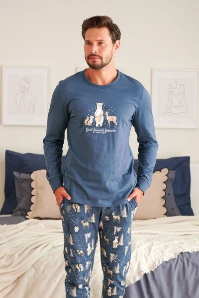 Granatowa męska piżama z nadrukiem w zwierzątka